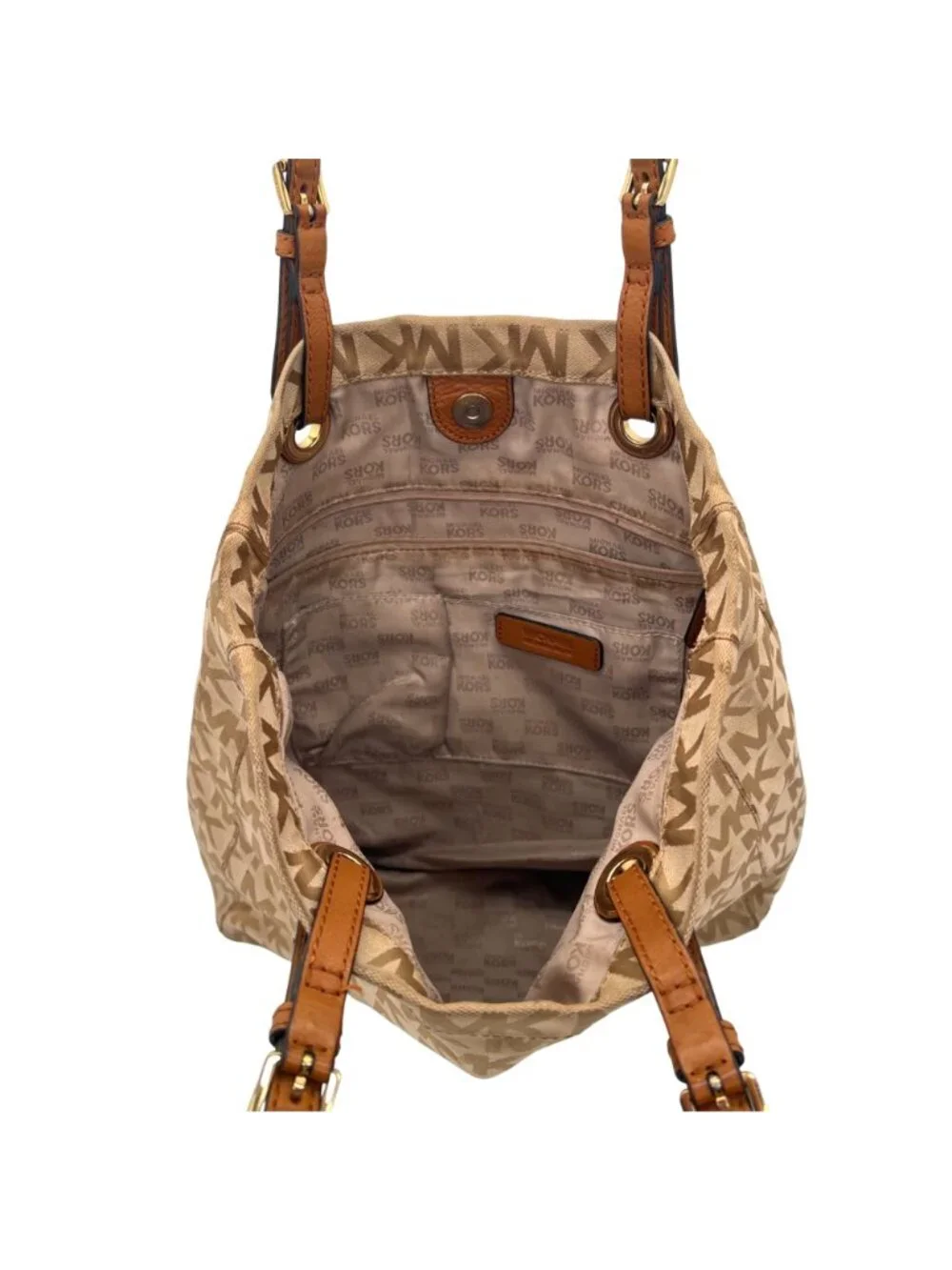 Michael Kors MK Logo Canvas Tote Bag Adjustable Leather Straps Beige Brown Gold